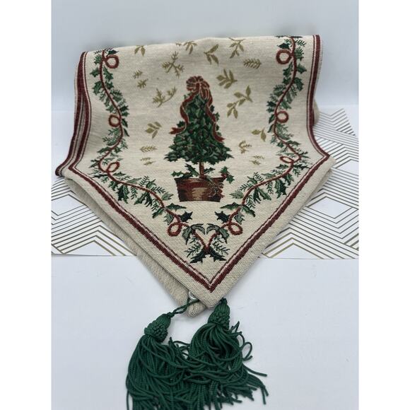 Spode Table Runner Christmas Tree Holiday Holly Woven Jacquard Tapestry Tassels - Picture 1 of 3